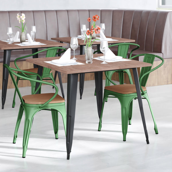 Green/Teak |#| All-Weather Metal Stack Chair with Arms and Poly Resin Seat - Green/Teak