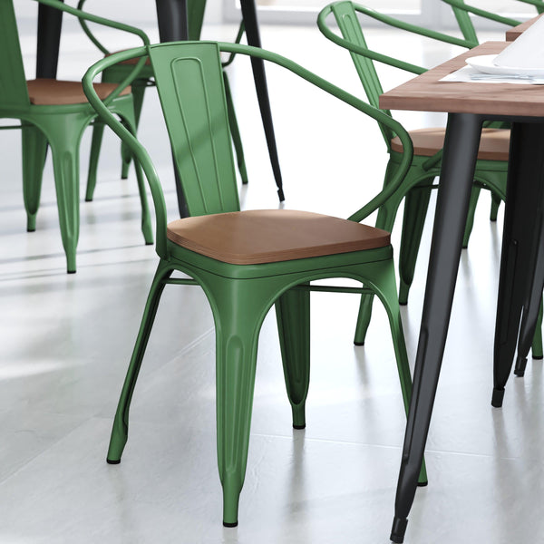 Green/Teak |#| All-Weather Metal Stack Chair with Arms and Poly Resin Seat - Green/Teak