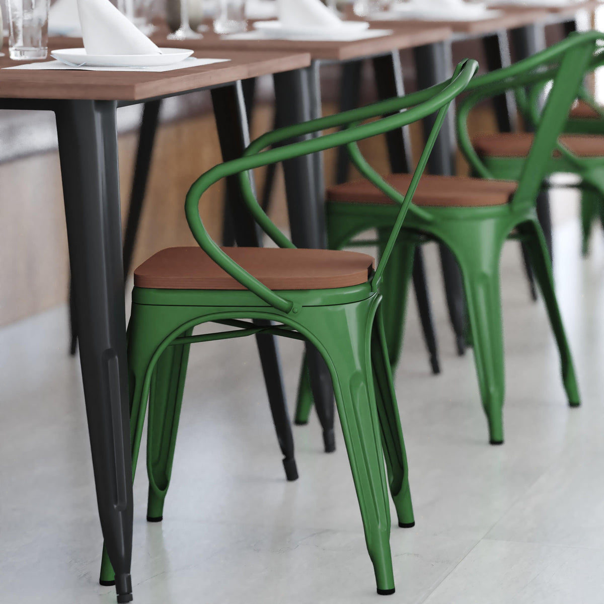 Green/Teak |#| All-Weather Metal Stack Chair with Arms and Poly Resin Seat - Green/Teak