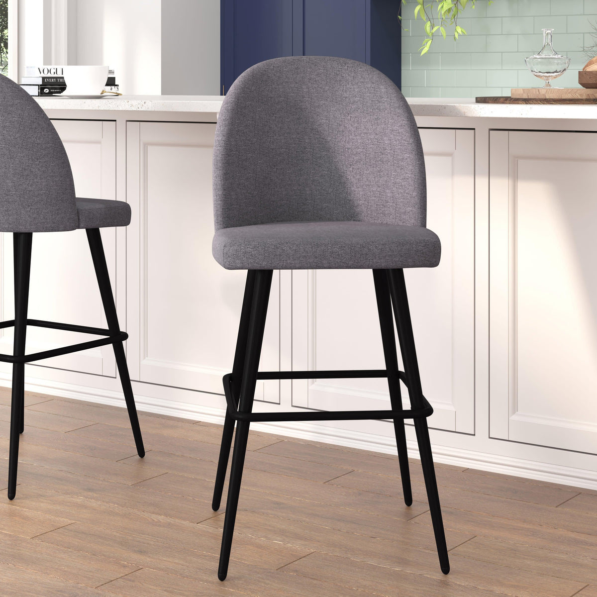 Gray Faux Linen |#| Commercial Grade 30inch Armless Barstool with Contoured Back in Gray Faux Linen