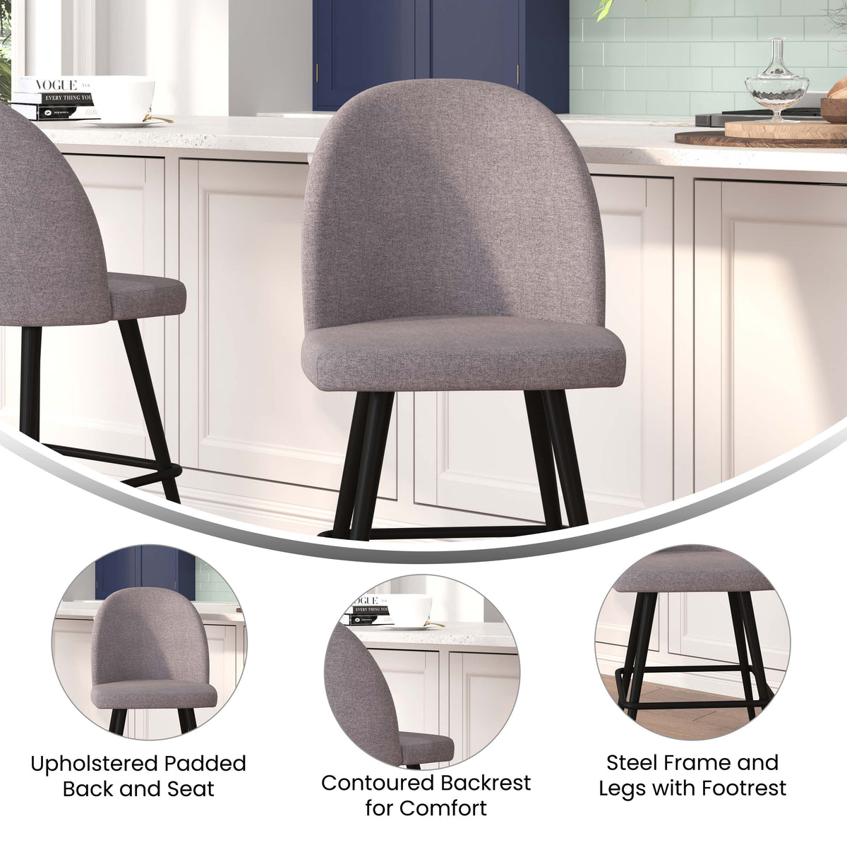 Gray Faux Linen |#| Commercial Grade 26inch Armless Stools with Contoured Backs in Gray Faux Linen