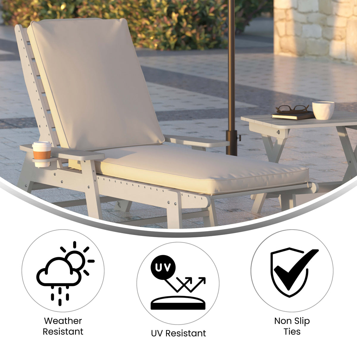 Beige |#| Commercial Water-Resistant Outdoor Chaise Lounge Patio Cushion in Beige