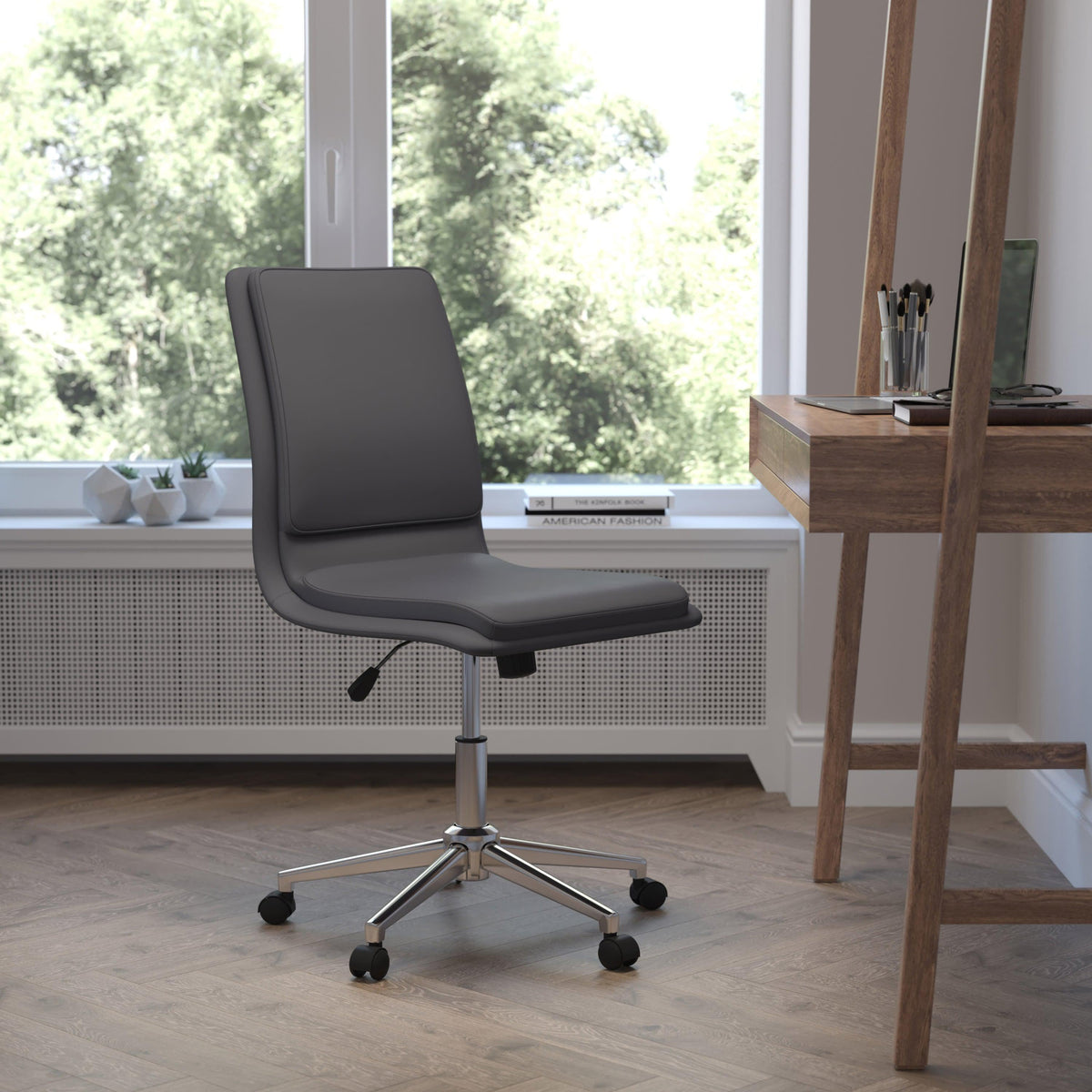 Gray |#| Mid-Back Armless Office Task Chair with Chrome 5-Star Base in Gray LeatherSoft