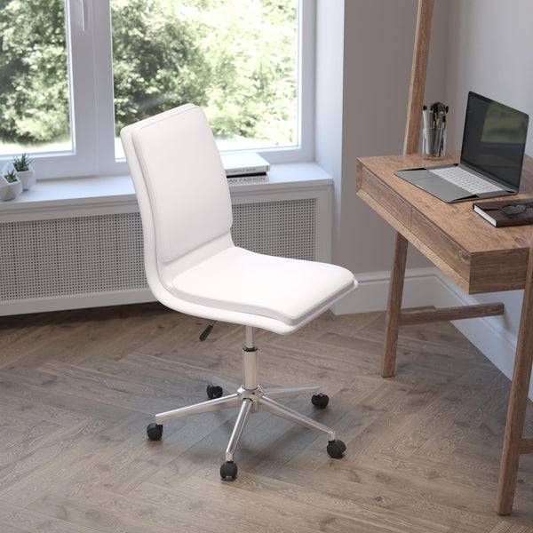 White |#| Mid-Back Armless Office Task Chair with Chrome 5-Star Base in White LeatherSoft