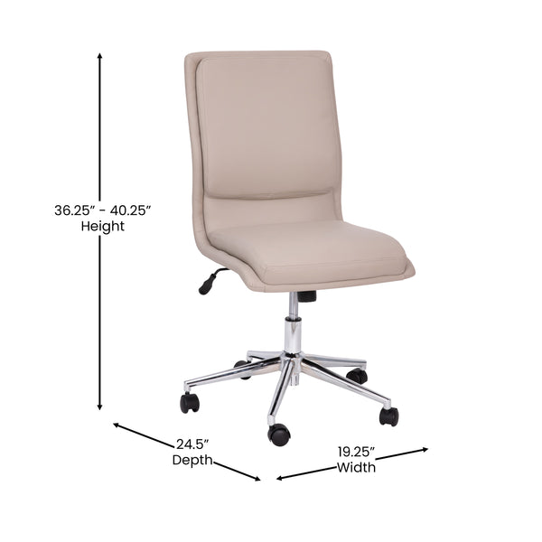 Taupe |#| Mid-Back Armless Office Task Chair with Chrome 5-Star Base in Taupe LeatherSoft