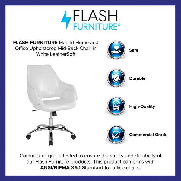 White LeatherSoft |#| Home &Office Upholstered Mid-Back Chair w/Wrap Style Arms in White LeatherSoft