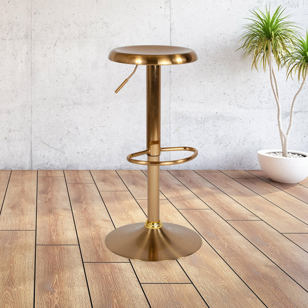 Gold |#| Adjustable Height Retro Barstool with Ergonomic Molded Seat in Gold Finish