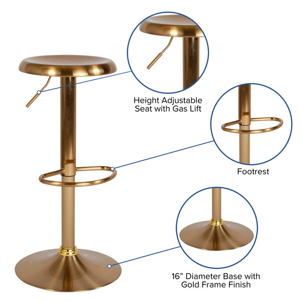 Gold |#| Adjustable Height Retro Barstool with Ergonomic Molded Seat in Gold Finish