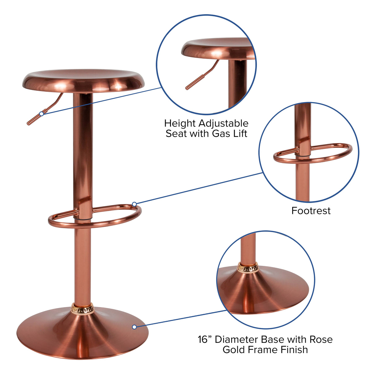 Rose Gold |#| Adjustable Height Retro Barstool with Ergonomic Molded Seat in Rose Gold Finish