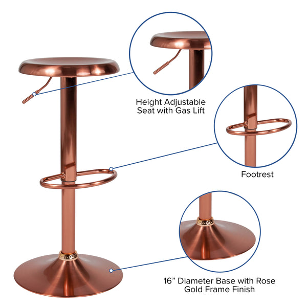 Rose Gold |#| Adjustable Height Retro Barstool with Ergonomic Molded Seat in Rose Gold Finish