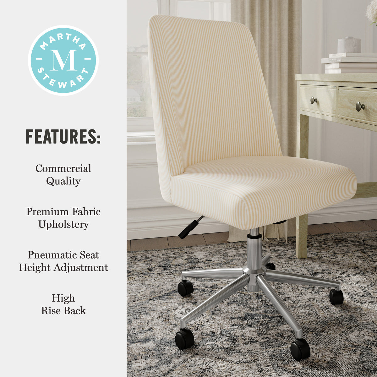 Beige Stripe Fabric/Polished Nickel Frame |#| Fabric Height Adjustable Swivel Home Office Chair - Beige Stripe/Polished Nickel