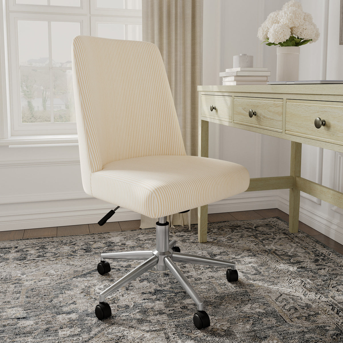 Beige Stripe Fabric/Polished Nickel Frame |#| Fabric Height Adjustable Swivel Home Office Chair - Beige Stripe/Polished Nickel