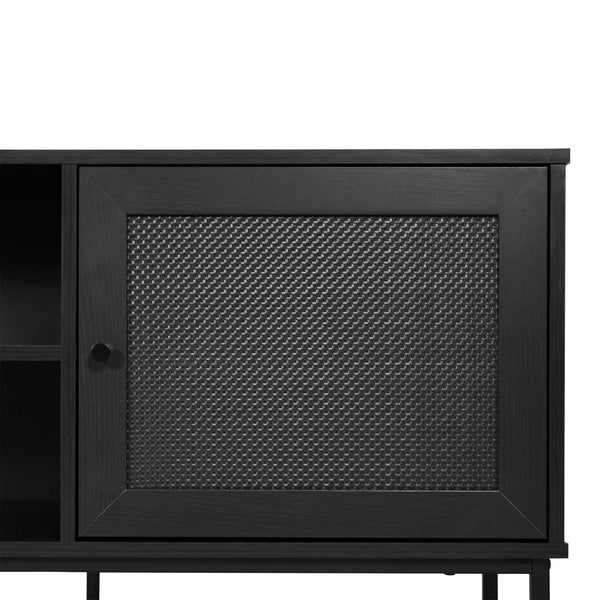 Black |#| 65" TV Stand with Rattan Accented Storage Doors in Black