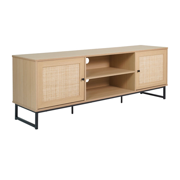 Natural |#| 65" TV Stand with Rattan Accented Storage Doors in Natural