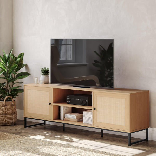 Natural |#| 65" TV Stand with Rattan Accented Storage Doors in Natural