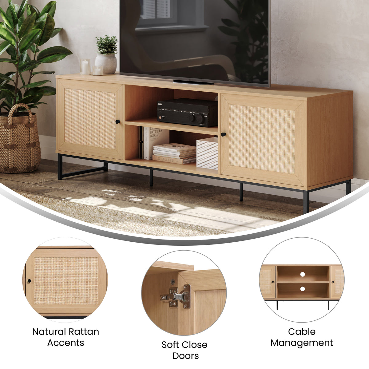 Natural |#| 65" TV Stand with Rattan Accented Storage Doors in Natural