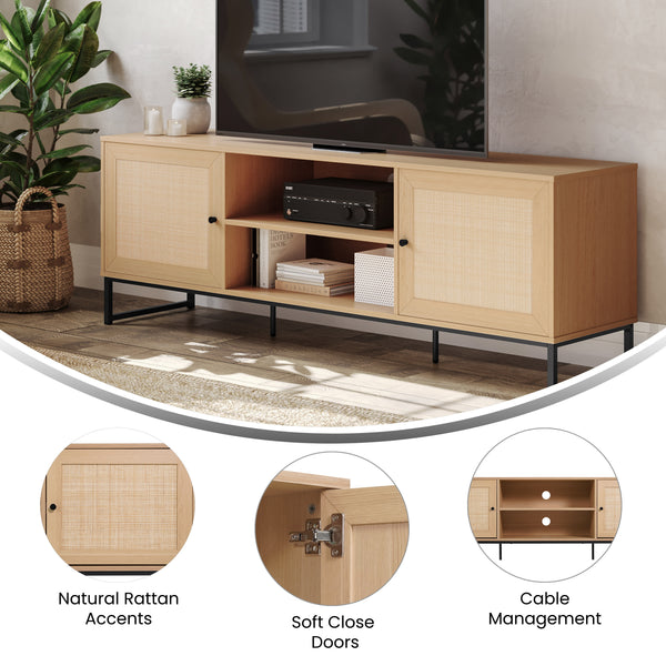 Natural |#| 65" TV Stand with Rattan Accented Storage Doors in Natural