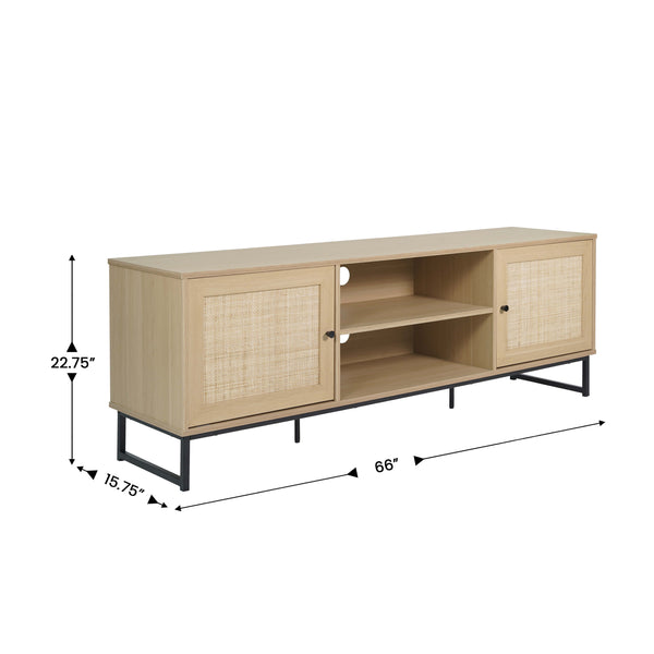 Natural |#| 65" TV Stand with Rattan Accented Storage Doors in Natural