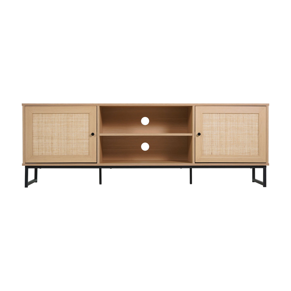 Natural |#| 65" TV Stand with Rattan Accented Storage Doors in Natural