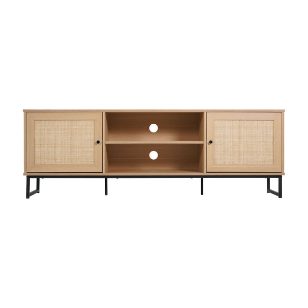 Natural |#| 65" TV Stand with Rattan Accented Storage Doors in Natural
