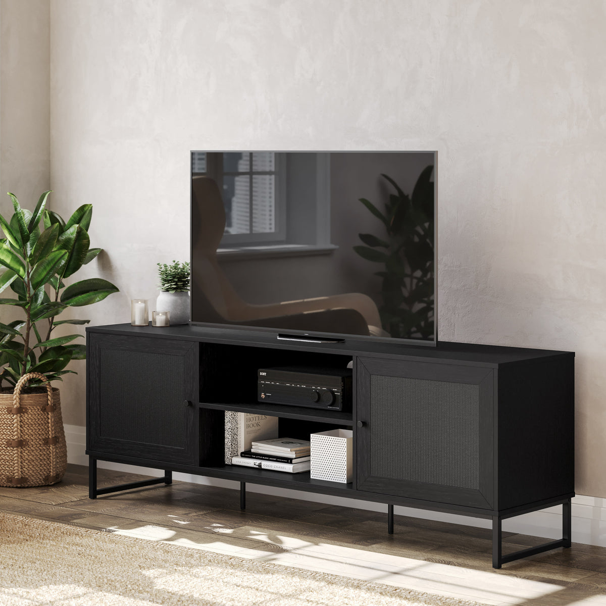 Black |#| 65" TV Stand with Rattan Accented Storage Doors in Black