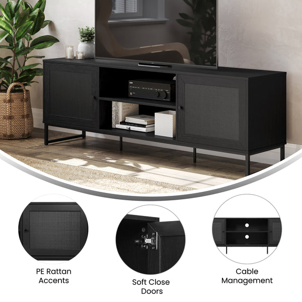 Black |#| 65" TV Stand with Rattan Accented Storage Doors in Black