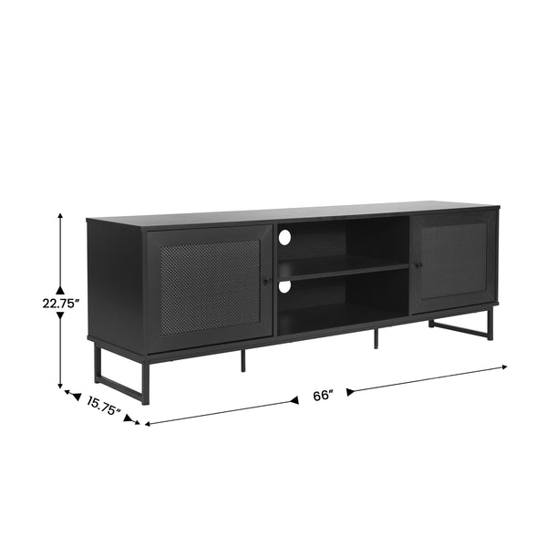 Black |#| 65" TV Stand with Rattan Accented Storage Doors in Black