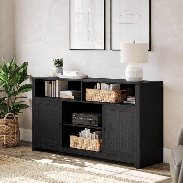 Black |#| 58" Sideboard with 2 Soft Close Doors and Adjustable Shelf - Black/Rattan