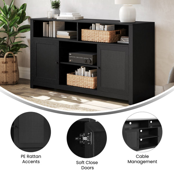Black |#| 58" Sideboard with 2 Soft Close Doors and Adjustable Shelf - Black/Rattan