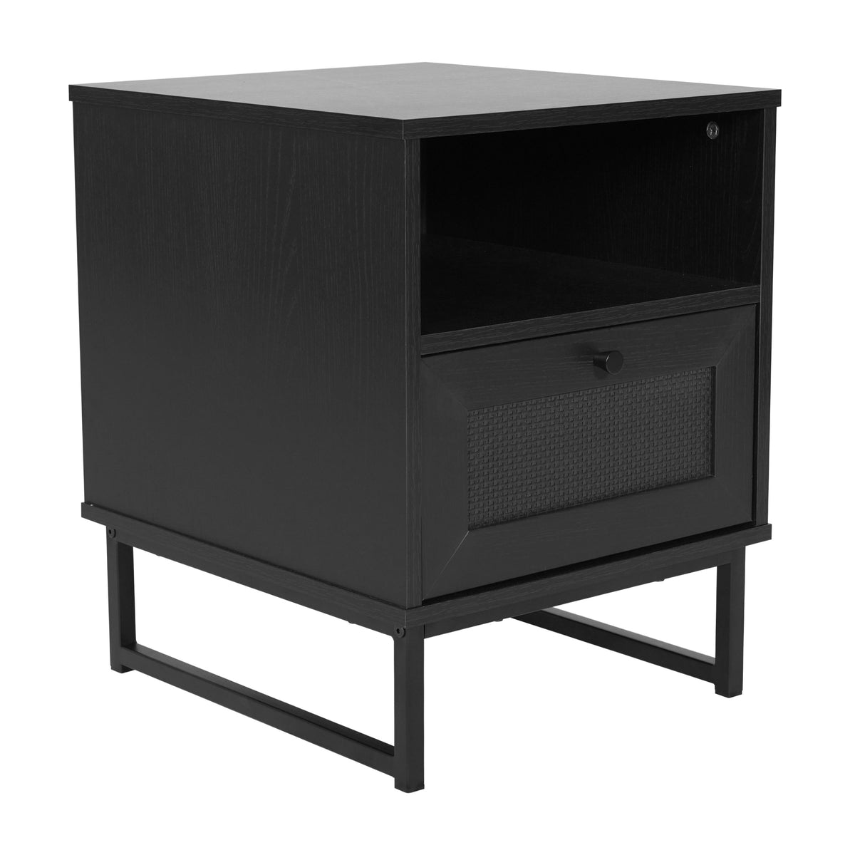 Black |#| Mid-Century Modern Side Table with Storage Drawer and Shelf in Black