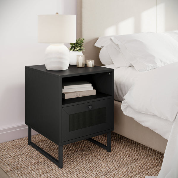 Black |#| Mid-Century Modern Side Table with Storage Drawer and Shelf in Black