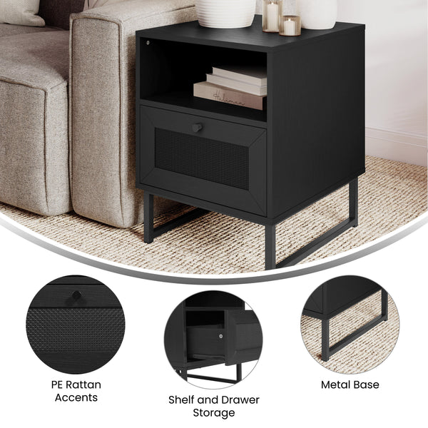 Black |#| Mid-Century Modern Side Table with Storage Drawer and Shelf in Black
