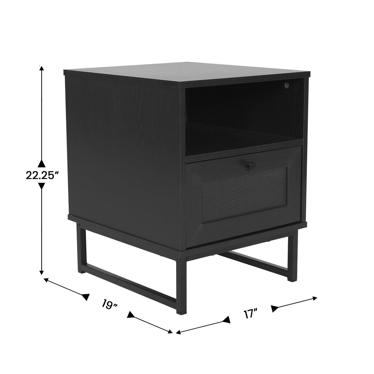 Black |#| Mid-Century Modern Side Table with Storage Drawer and Shelf in Black