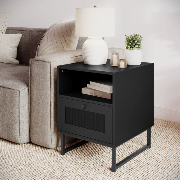 Black |#| Mid-Century Modern Side Table with Storage Drawer and Shelf in Black