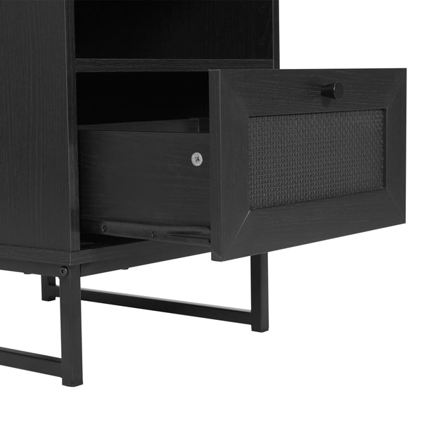 Black |#| Mid-Century Modern Side Table with Storage Drawer and Shelf in Black