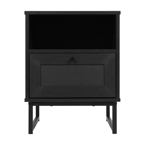 Black |#| Mid-Century Modern Side Table with Storage Drawer and Shelf in Black