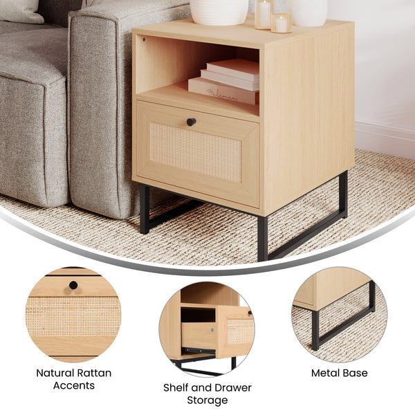 Natural |#| Mid-Century Modern Side Table with Storage Drawer and Shelf in Natural