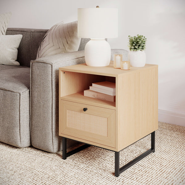 Natural |#| Mid-Century Modern Side Table with Storage Drawer and Shelf in Natural