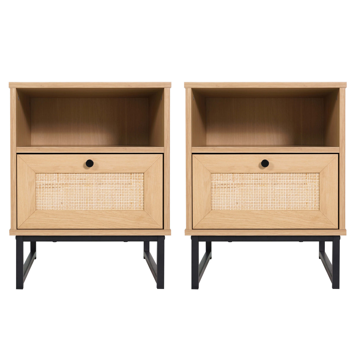 Natural |#| Set of 2 Mid-Century Modern Side Tables with Drawer and Shelf - Natural