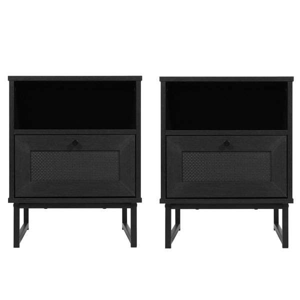 Black |#| Set of 2 Mid-Century Modern Side Tables with Drawer and Shelf - Black