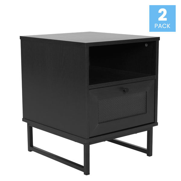 Black |#| Set of 2 Mid-Century Modern Side Tables with Drawer and Shelf - Black
