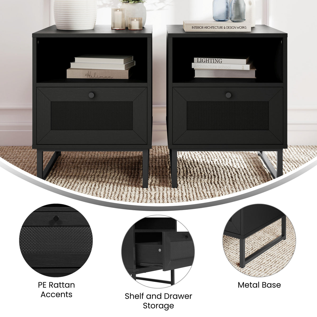 Black |#| Set of 2 Mid-Century Modern Side Tables with Drawer and Shelf - Black