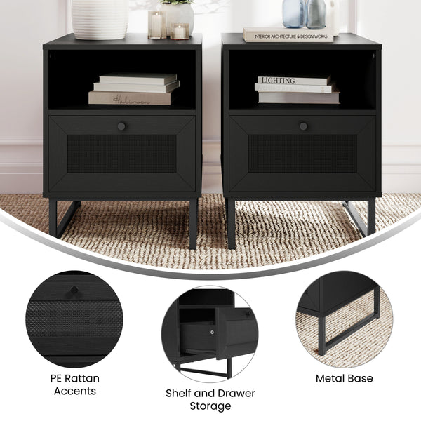 Black |#| Set of 2 Mid-Century Modern Side Tables with Drawer and Shelf - Black