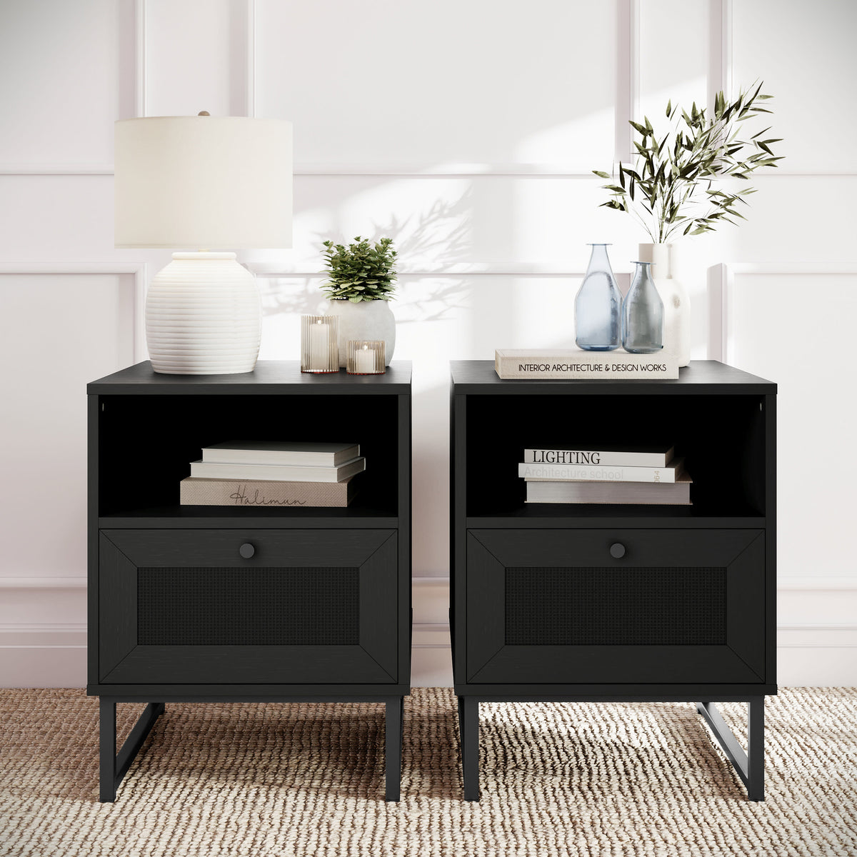 Black |#| Set of 2 Mid-Century Modern Side Tables with Drawer and Shelf - Black