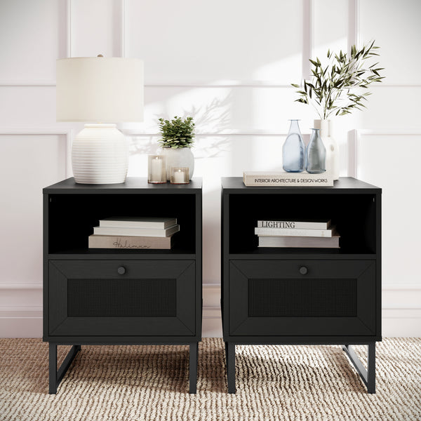 Black |#| Set of 2 Mid-Century Modern Side Tables with Drawer and Shelf - Black