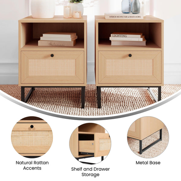 Natural |#| Set of 2 Mid-Century Modern Side Tables with Drawer and Shelf - Natural