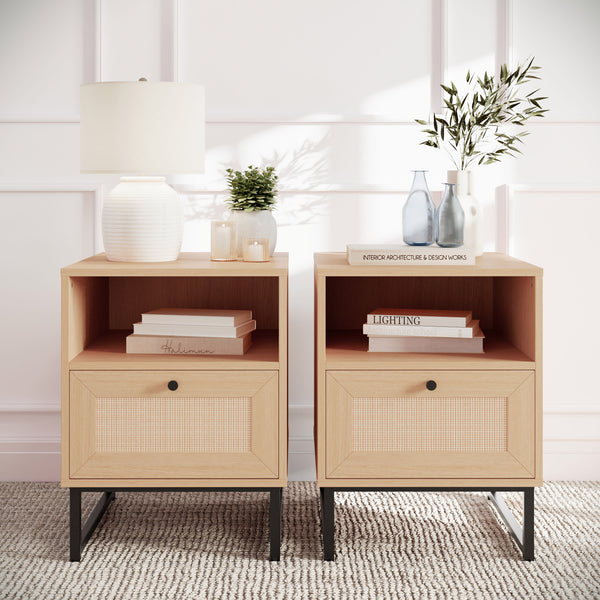 Natural |#| Set of 2 Mid-Century Modern Side Tables with Drawer and Shelf - Natural