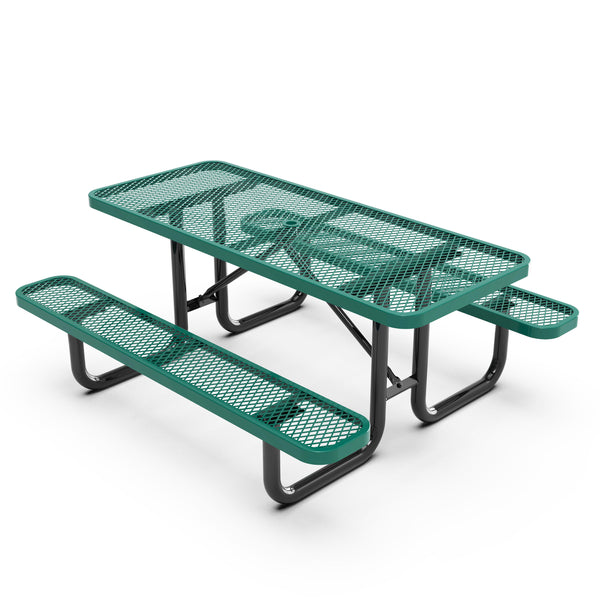 Green,6' |#| Commercial 6' Rectangular Expanded Mesh Metal Picnic Table with Anchors - Green