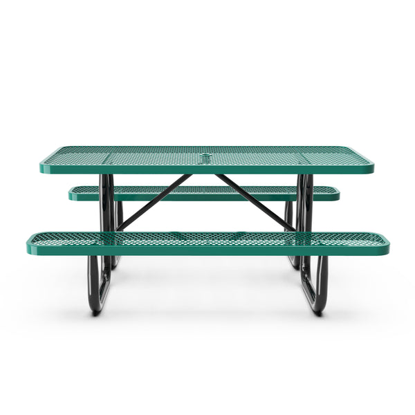 Green,6' |#| Commercial 6' Rectangular Expanded Mesh Metal Picnic Table with Anchors - Green