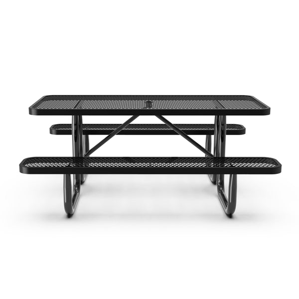 Black,6' |#| Commercial 6' Rectangular Expanded Mesh Metal Picnic Table with Anchors - Black